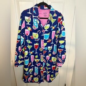Nick & Nora Flannel Sleepshirt | Royal Blue Holiday Cocktail Print | Women’s M